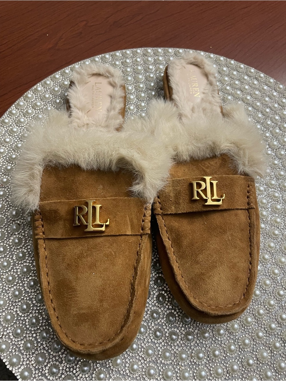 Polo by Ralph Lauren Chestnut Brown Suede Fur-Trim Logo Mules
